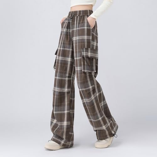 Women's Plaid High-Waisted Cargo Pants Loose Flowy Straight-Leg Fit Trousers4