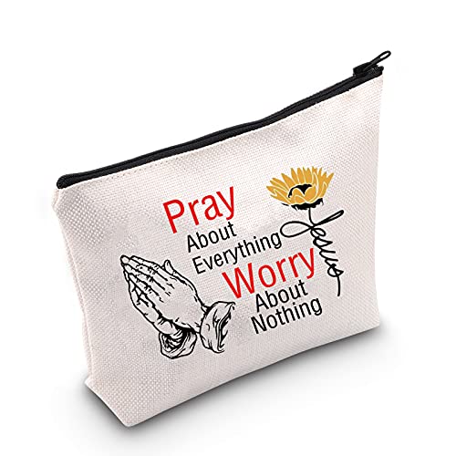 MEIKIUP Bible Verse Prayer Gift Christian Cosmetic Bag Religious Pray Zipper Storage Bag Pray About Everything Worry About Nothing Makeup Bag for Women (Pray About Everything bag)