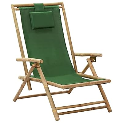 LPERTGFHU Bamboo Folding Reclining Chair, Adjustable Lounge Chair with Green Fabric Seat and Pillow, Portable Outdoor Patio Deck Chair for Backyard Garden