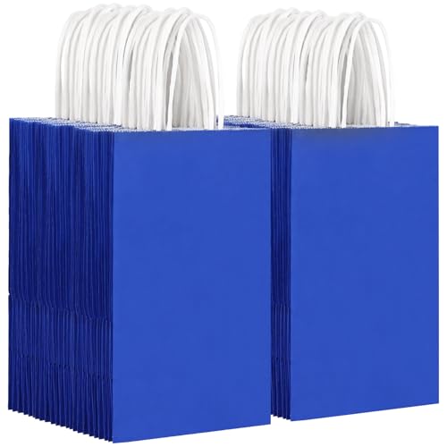 OUTUXED 150pcs Blue Paper Bags with Handles 5.25x3.2x8 Inches Small Blue Gift Bags Bulk for Shopping Birthday Wedding Merchandise and Business Party