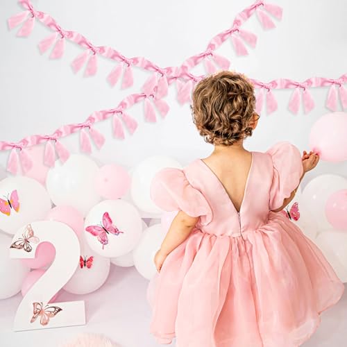 Image of 2pcs Bow Garland Banner Ribbon Bow Party Decor for Baby Shower Women Girls Bow Coquette Birthday Party Decorations (Pink)