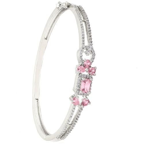 Image of ZENEME Rhodium-Plated American Diamond Studded Flower Patterned Kada Bracelet For Girls and Women