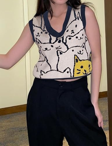 Xunger Women’s V Neck Knit Sweater Vest Sleeveless Cute Cat Print Sweater Pullover Tops4