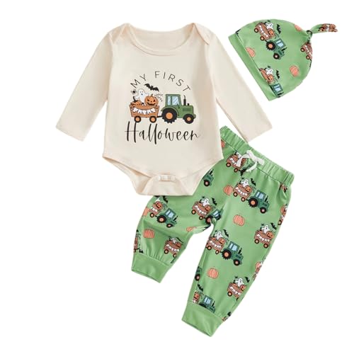 Bagilaanoe Newborn Baby Boy Halloween Outfit Farm Tractor Pumpkin Long Sleeve Romper Pants Hat 3PCS Clothes Set (Green 0-3 Months)