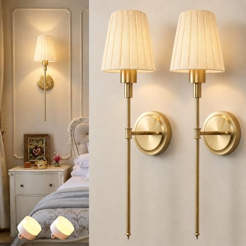 Image of DORESshop Battery Operated Wall Sconce Set of 2, 10 Color Wireless Wall Light Easy to Install, Sconce Wall Decor Set of 2 for Bedroom, Living Room, Pleated Fabric Shade, Gold, 24.6in