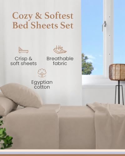 Image of 100% Egyptian Cotton Sheets Queen Size, 4 Piece, Beige Sheets Queen Set