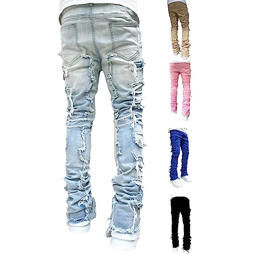 Giraropa Mens Black Stacked Jeans Slim Fit Ripped Jeans Destroyed Straight Denim Pants Harajuku Hip Hop Trouser Streetwear3