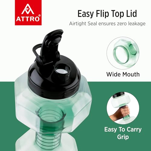 Image of Attro Dumbbell Water Bottle 2 Liter Plastic Bottle with Grip Handle Stylish Bottle for Gym Lover BPA Free, Food Grade, Leakproof- Green