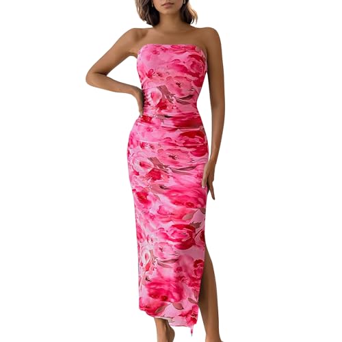 Image of Women's Tube Top Maxi Dresses Printed Tie Dye Strapless Bodycon Long Dress Split Side Sleeveless Party Elegant Outfits