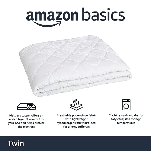 Amazon Basics Hypoallergenic Quilted Mattress Topper Pad, 18 Inches Deep, Twin, White - Thumbnail 2