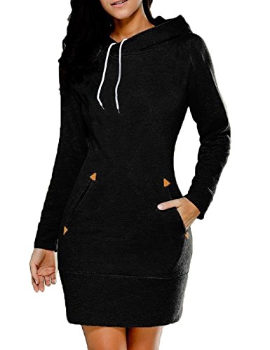 Sueetyus Womens Pullover Sweatshirt Long Sleeve Cotton Slim Fit Midi Hoodie Dress with Pocket (S-5XL) Black XX-Large