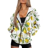Pzuqiu Lemon - Sudadera informal de manga larga con cremallera para mujer, para otoño y primavera, con bolsillos, estampado a la moda, de gran tamaño
