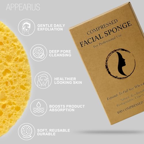 Appearus Natural Cellulose Facial Sponges – 100 Pack (Compressed) – Professional Spa Facial Sponge Pads for Cleansing, Exfoliating, Makeup Removal – Natural Yellow – Gentle on Sensitive Skin