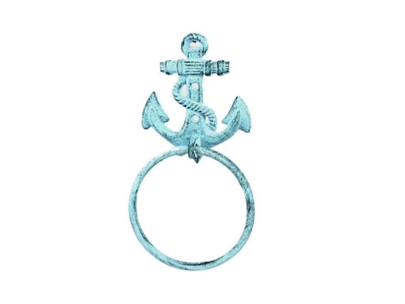 Hampton Nautical Cast Iron Anchor Towel Holder, 8.5", Dark Blue/Whitewashed
