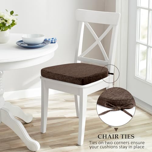 Image of Wellsin Chair Cushions for Dining Chairs 6 Pack - Kitchen Chair Cushions with Ties and Non-Slip Backing - Dining Chair Pads 16 inchX16 inchX2 inch, Brown