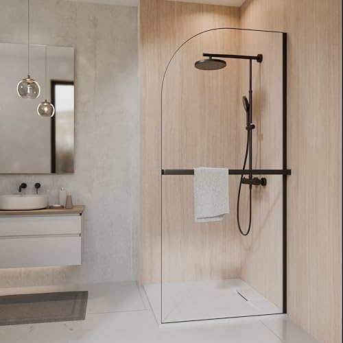 Schulte paroi de douche fixe à l’italienne 90 x 200 cm, avec porte-serviette, noir, verre de sécurité 6 mm transparent, montage gauche droite, plage de...