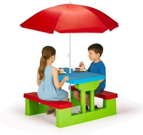 Kids Table and Chair Set, Plastic Picnic Set, Red & Green & Blue