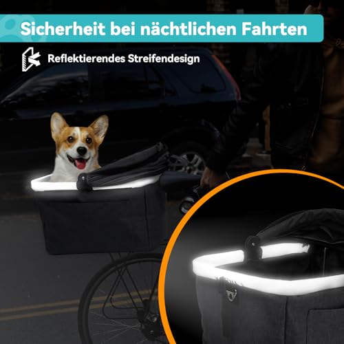 DAISTERN Hundefahrradkorb bis 12kg für Gepäckträger mit Metallrahmen, Schnellmontage-Halterung, Netzfenster, weichem Sitzkissen, Reflektorstreifen, faltbar, passend für E-Bikes & Citybikes