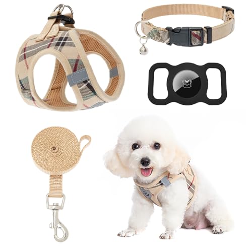EXPAWLORER Classic Plaid Puppy Harness – Small Dog Harness and Leash Set – Dog Collar and Leash Set with AirTag Holder, Soft Padded Step in Dog Vest Harness No Pull Reflective for Outdoor, Khaki S