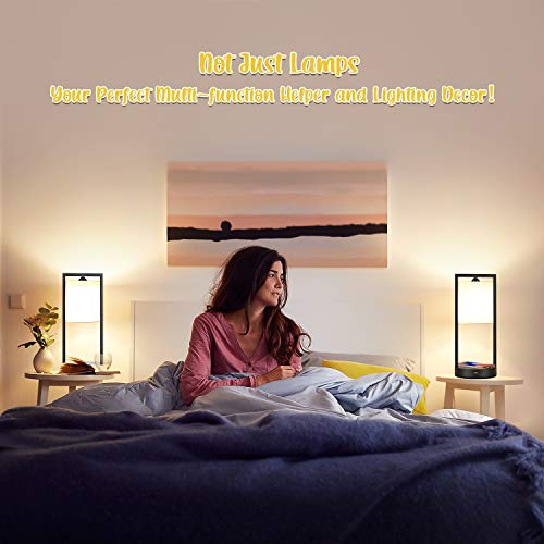 Tobusa Wireless Charging Touch Control Table Lamps Set Of 2, Bedside Nightstand Lamps White Fabric Shade, Modern Dimmable Desk Lamps For Bedroom Living Room Office Warm White E26 Bulbs Included #TOP1