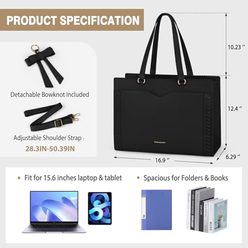 RAINSMORE Laptop Bag for Women 15.6 Inch Work Tote Bag with Detachable Strap & Bow Leather Professional Laptop Tote with Cup Holder, Office Business Briefcase Large Handbag，All Black by RAINSMORE - Image 5
