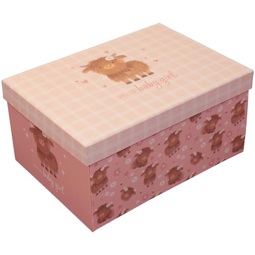 Image of Design By Violet “Hello Baby Girl” Keepsake Gift Box – Pink Highland Cow Newborn Memory Box for Baby Shower, Christening & New Baby Girl Presents – FSC Rigid Cardboard Flat Pack Storage Box