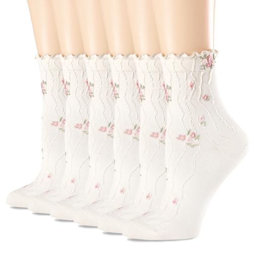 Image of Womens Ruffle Crew Socks Vintage Patterned Ankle Casual Fashion Dress Sock Cute Lettuce Floral Socks 5 /6 Pack
