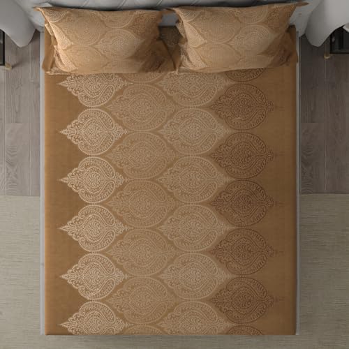 Image of Cloth Fusion Glace Cotton Elastic Fitted Bedsheet Queen Size for Double Bed with 2 Pillow Covers (78X60 inches,Ogee Brown)