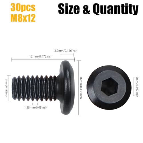 HO2NLE 30 Stück Flachkopfschrauben Innensechskant Schrauben Vollgewinde Q235 Kohlenstoffstahl Schwarz Sechskantschraube mit Innensechskantschlussel (M8 x 12)