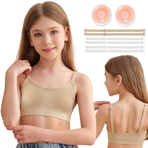 Sanmsoner Adjustable Dance Bra for Girls Ballet Gymnastics Sports with 2 Pairs Clear Straps 1 Nude Straps