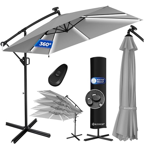KESSER® Ampelschirm Holly Sonnenschirm Rechteckig LED Solar inkl. Abdeckung | Kurbel-Schirm mit Ständer UV-Schutz Aluminium Wasserabweisend Ø350cm Gartenschirm Hellgrau