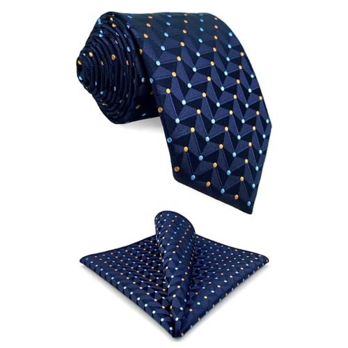 Conjunto de Gravatas Masculinas Azul Marinho com Bolas Laranja para Terno Masculino com Bolso Quadra
