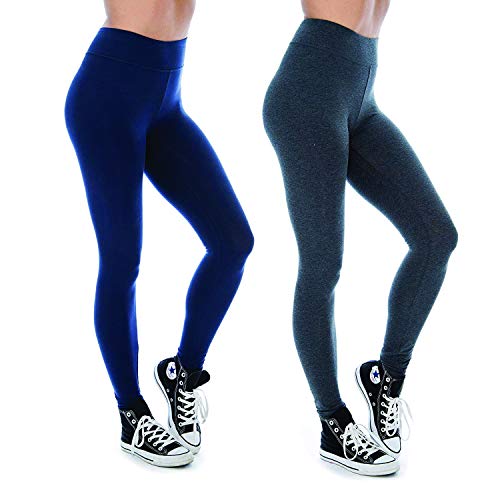 Women & Plus Soft Cotton Active Stretch Ankle Length Lightweight Leggings, (2PK-Navy/Charcoal, L)