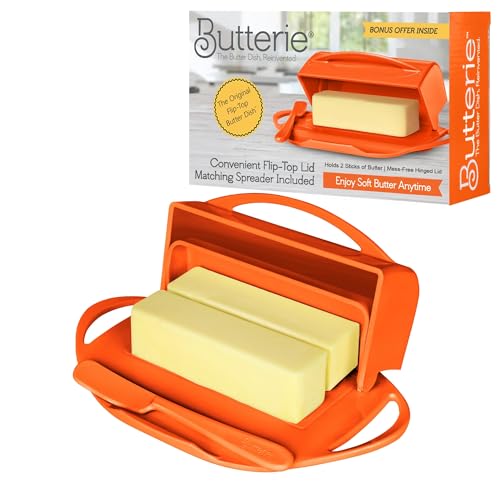 Image of Butterie Flip Top Butter Dish with Attached Lid & Matching Knife - Holds 2 Sticks, Fits Kerrygold /European Butter - BPA Free & Dishwasher Safe - Orange