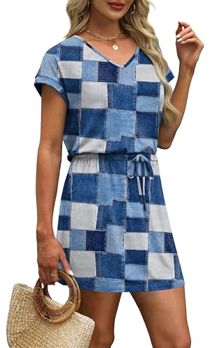 Image of OFEEFAN Summer Dresses for Women 2026 V Neck T Shirt Casual Mini Dresses Tie Waist Sundresses with Pockets