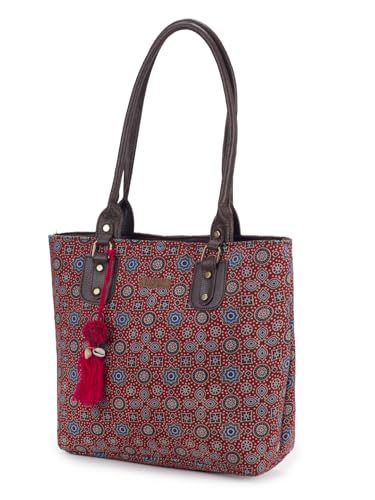 Image of NEPRI Office Pouch Tote Bag | Stylish Set of 2 Tote Bags for Women| Vegan Leather & Handblock Printed Fabric Handbag with Double Handle Shoulder Strap| Daily & Travel Use