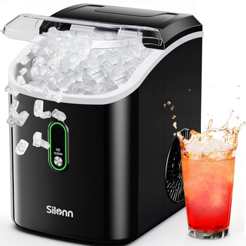Silonn Nugget Ice Maker Countertop, Pellet Ice Machine with Self-Cleaning Function, Sonic Ice Maker Produces 33lbs of Chewable Ice in 24 Hours, Ideal for Home Kitchen and Office (Black)
