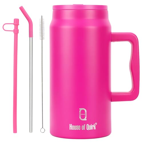 Image of House of Quirk 1500ML Stainless Steel Mug Tumbler with Handle & Straw Lid - Large Water Bottle for Men & Women (Raspberry)