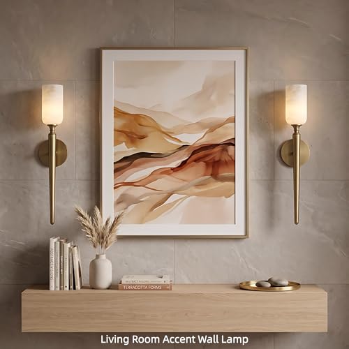 Image of Alabaster Wall Sconces Set of Two, 22in Modern Spanish Natural Marble Bathroom Vanity Sconces, Brass Alabaster Sconce Wall Lighting, Gold Wall Light Fixtures Decor for Bedroom Living Room Staircases