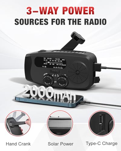 Image of Hand Crank Radio with AM /FM /NOAA Weather Bands,for Emergencies, Camping | 3 LED Flashlights,SOS Function,Solar Powered,Hand Cranked, 2000mAh /7400mWh Charger,for Power Outage - Black