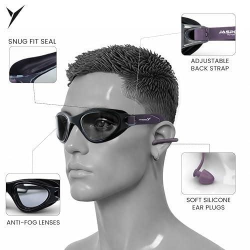 Image of jaspo Swimming Goggles with Anti-Fog Lenses For Men & Women | Adjustable Back Strap | Soft Silicone Ear Plugs | UV Protection Lens | Protective Case