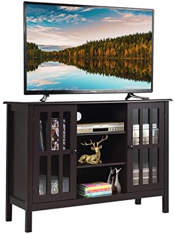 Tangkula Modern TV Stand, Tall Entertainment Center for TVs up to 50 Inch, Media Console w/ 2 Storage Cabinets & 3 Open Shelves, Wire Hole, Buffet Cabinet, Wood TV Console Table for Living Room, Brown