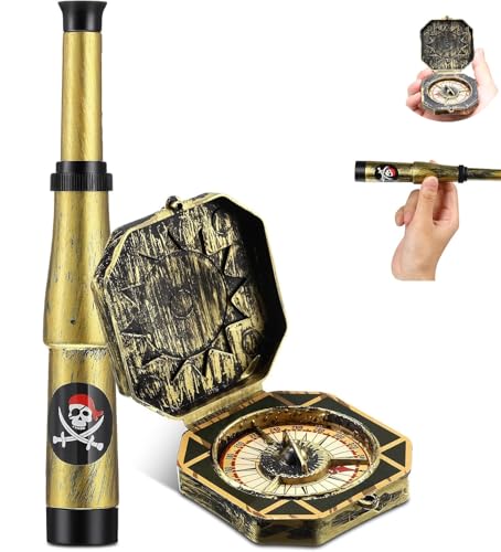 2 Pcs Bronze Compass and Pirate Telescope,Retro Mini Plastic Toy for Pirate Theme Party Halloween Cosplay Supplies