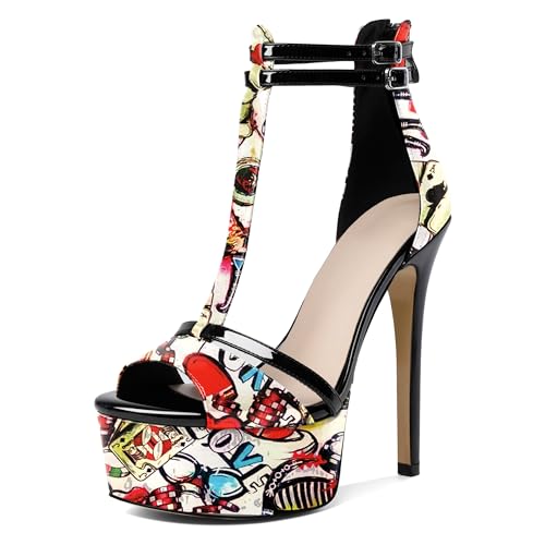 Esvowido Platform Heels for Women Open Toe T-Strappy Stiletto High Heels Sandals 5.5 Inch Double Ankle Strap Pump Shoes with Back Zipper
