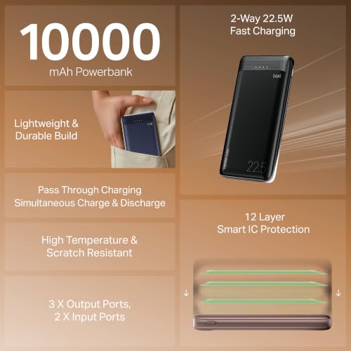Image of boAt EnergyShroom PB300 Neo 10000mAh Power Bank with 22.5W Fast Charging, 3X Output Ports, Supports Android, iPhone, Tablets, Earbuds (Mocha Brown)