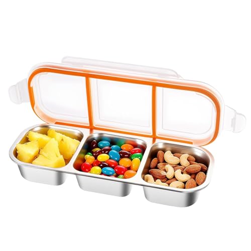 Image of Stainless Steel Snack Containers with Lids, 3 Compartment Leakproof Reusable Snack Box for Nuts, Fruits- Divided Grab & Go Container for School, Office, Travel (3 Compartment)