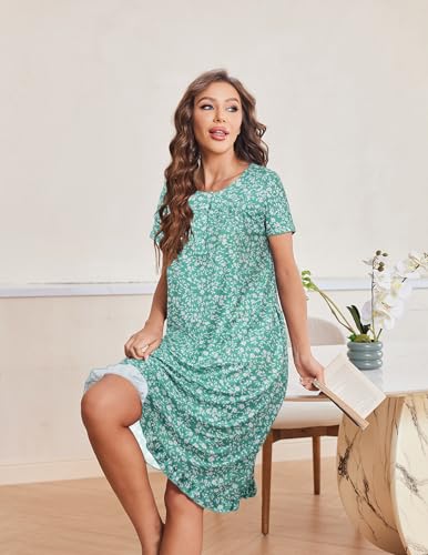 Image of Ekouaer Nightgowns for Women with Pockets Button Front Short Sleeve House Dresses Floral Print Mumu Dress