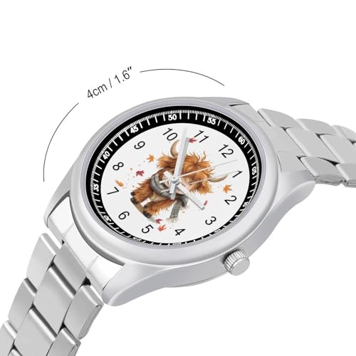 Fall Highland Cow Maple Leaves Watches Stainless Steel Band Wristwatch Business Dress Watch for Work Home2