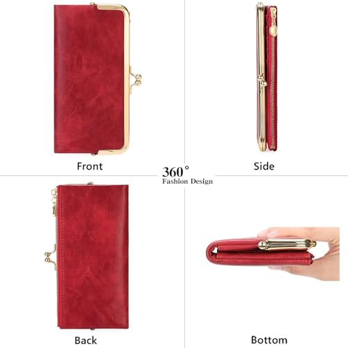 Image of Vintage Wallets for Women Large Bifold Kiss Lock Wallet for Women Leather Zip Clutch Coin Purse