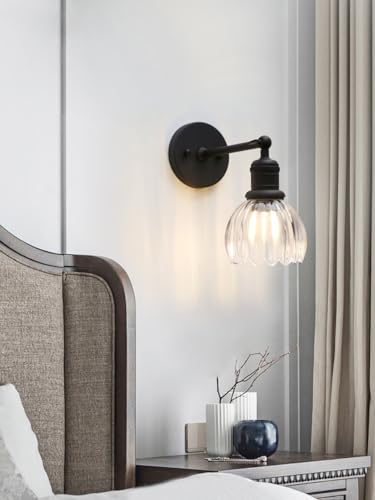 Image of Yosoan Boho Indoor Vintage Wall Sconce with Flower Shade, 1-Light Modern Vanity Industrial Hardwired Wall Mounted with Transparent Tulip Shade for Living Room Bedroom Kitchen Hallway Home Decor(Black)